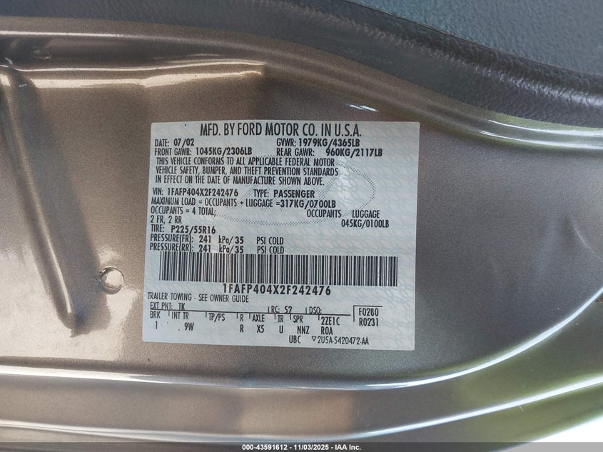 2002 Ford Mustang VIN: 1FAFP404X2F242476 Lot: 43591612