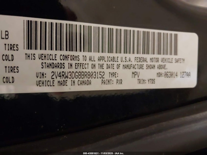 2011 Volkswagen Routan Se VIN: 2V4RW3DG8BR803152 Lot: 43591631