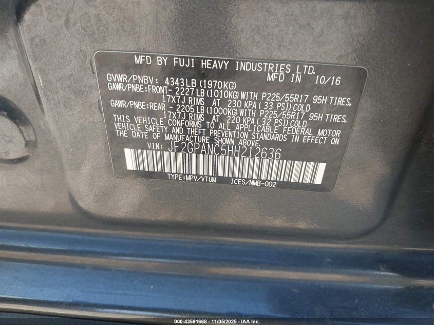 2017 SUBARU CROSSTREK 2.0I LIMITED - JF2GPANC5HH212636