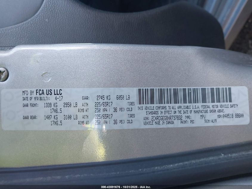 2017 Dodge Grand Caravan Gt VIN: 2C4RDGEG8HR737832 Lot: 43591676