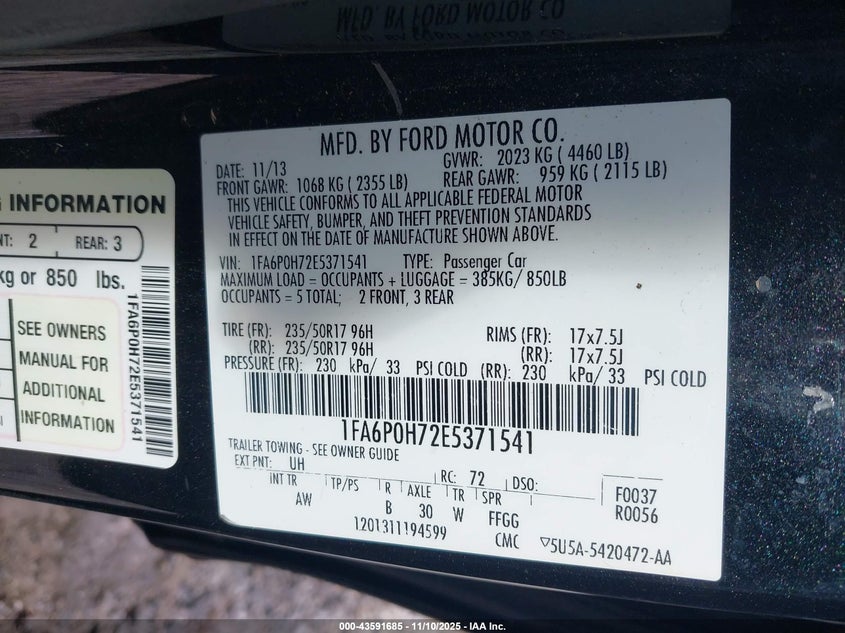 2014 Ford Fusion Se VIN: 1FA6P0H72E5371541 Lot: 43591685
