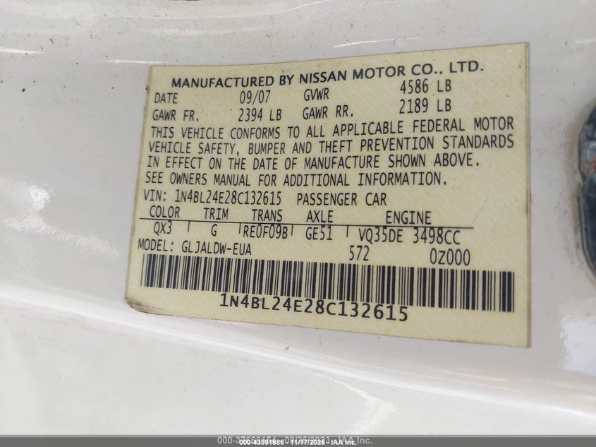 2008 Nissan Altima 3.5 Se VIN: 1N4BL24E28C132615 Lot: 43591686