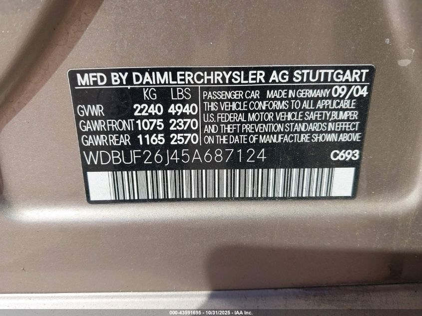 2005 Mercedes-Benz E 320 Cdi VIN: WDBUF26J45A687124 Lot: 43591695