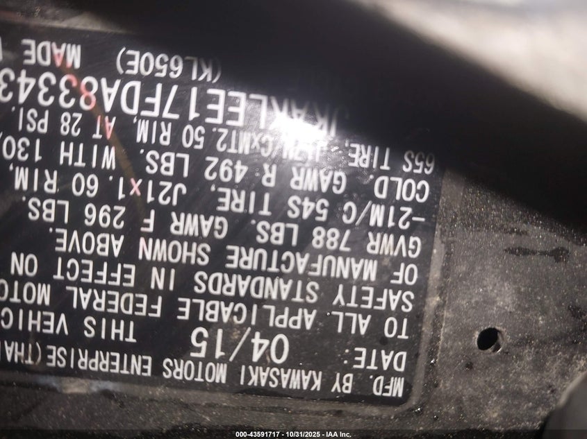 2015 Kawasaki Kl650 E VIN: JKAKLEE17FDA83343 Lot: 43591717