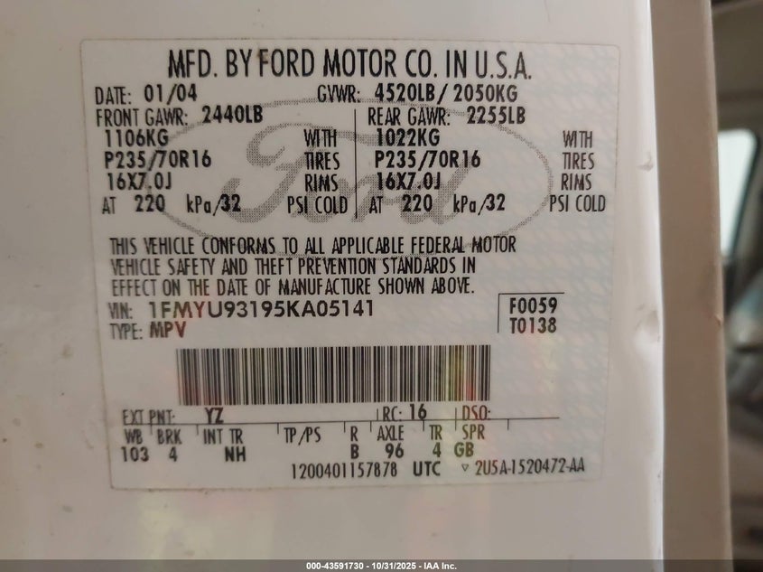 2005 Ford Escape Xlt VIN: 1FMYU93195KA05141 Lot: 43591730