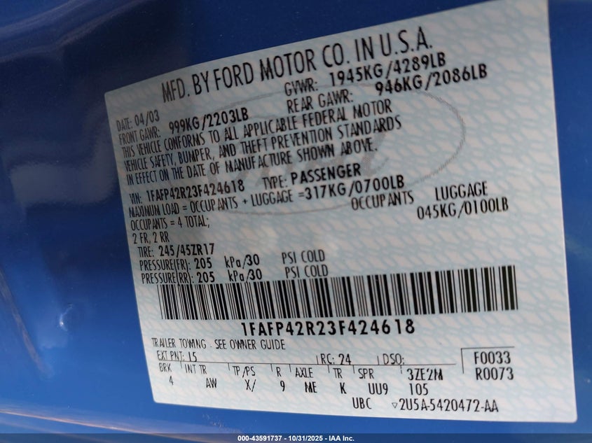 2003 Ford Mustang Mach 1 VIN: 1FAFP42R23F424618 Lot: 43591737