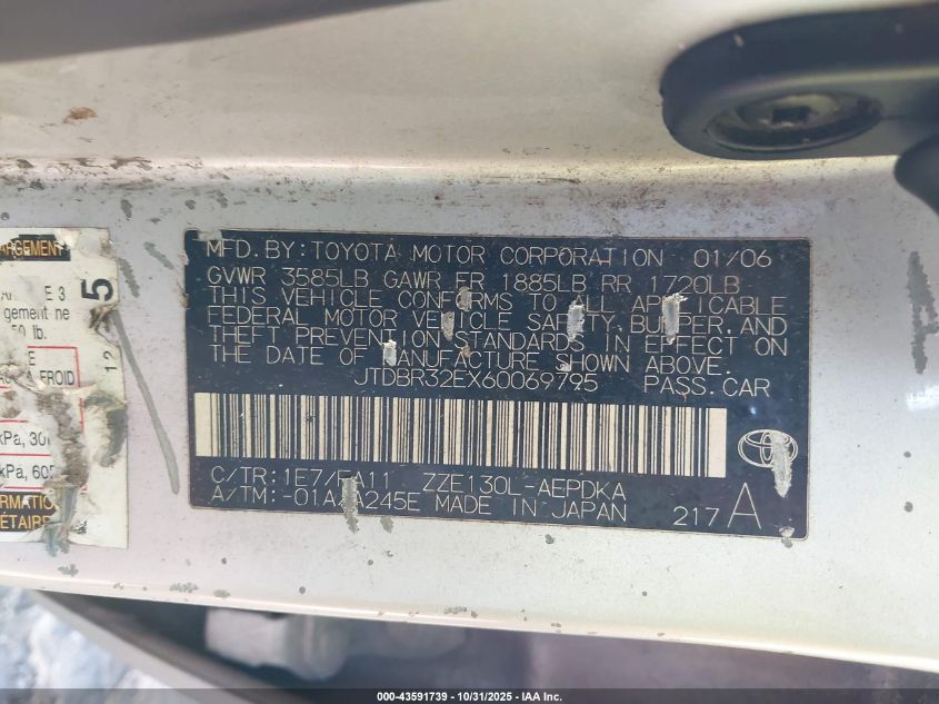 2006 Toyota Corolla Ce VIN: JTDBR32EX60069795 Lot: 43591739