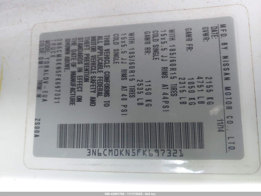 2015 Nissan Nv200 S VIN: 3N6CM0KN5FK697321 Lot: 43591760