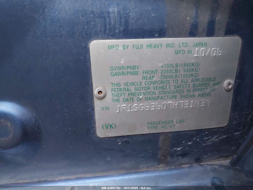 2007 Subaru Forester 2.5X VIN: JF1SG63607H731939 Lot: 43591762