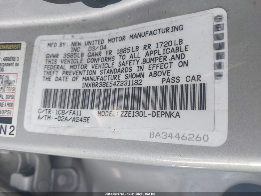 2004 Toyota Corolla Le VIN: 1NXBR38E54Z331182 Lot: 43591786