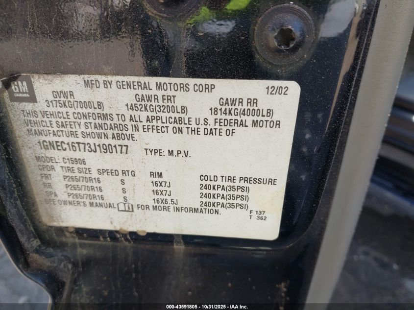 2003 Chevrolet Suburban 1500 Ls VIN: 1GNEC16T73J190177 Lot: 43591805