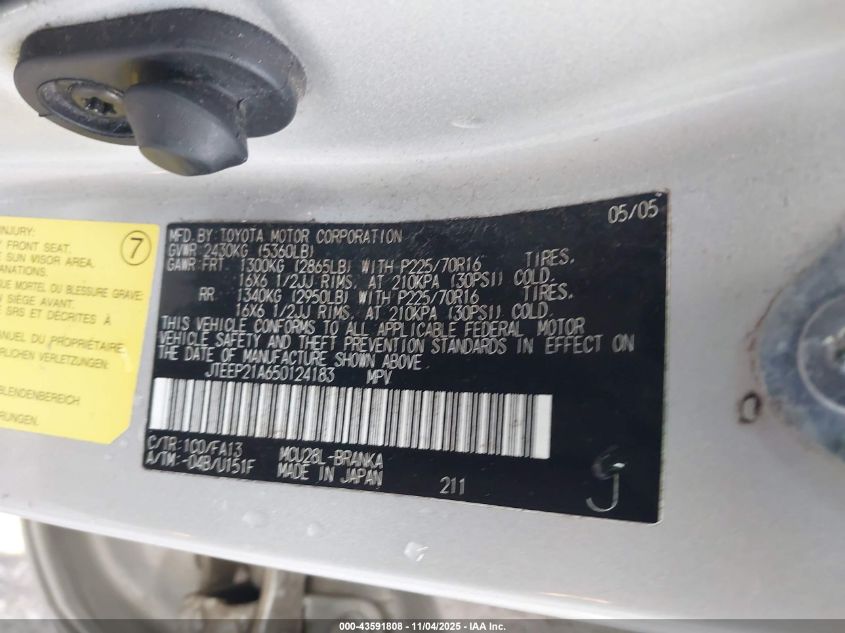 2005 Toyota Highlander V6 VIN: JTEEP21A650124183 Lot: 43591808