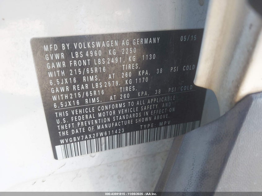 2015 VOLKSWAGEN TIGUAN S - WVGBV7AX2FW611423