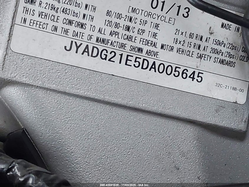 2013 Yamaha Wr250 R VIN: JYADG21E5DA005645 Lot: 43591839