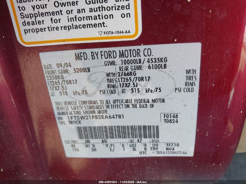 2005 Ford F-250 Lariat/Xl/Xlt VIN: 1FTSW21P85EA64781 Lot: 43591841