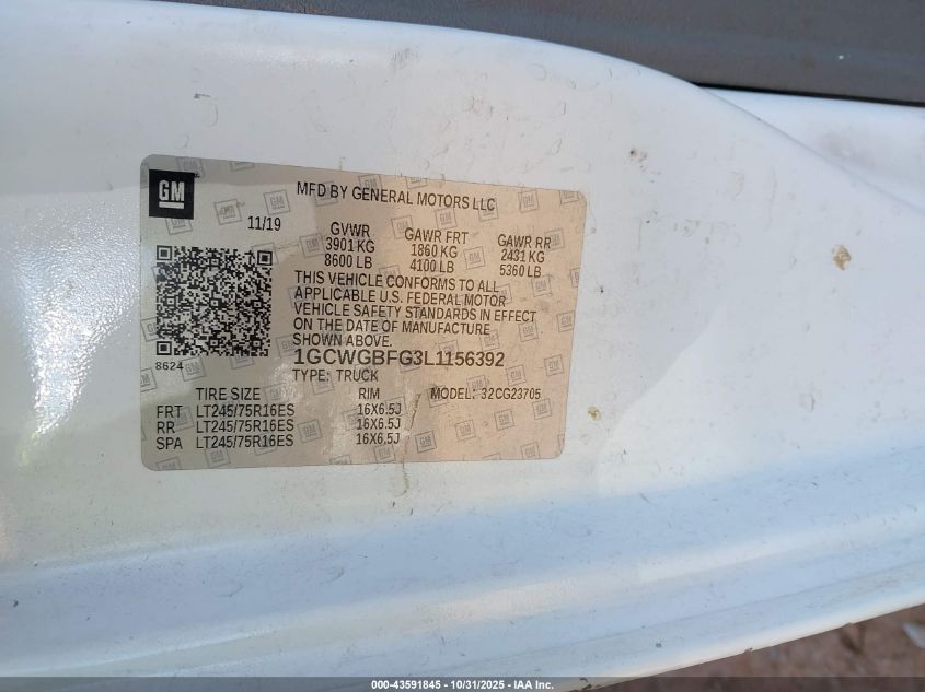 2020 Chevrolet Express Cargo Rwd 2500 Extended Wheelbase Wt VIN: 1GCWGBFG3L1156392 Lot: 43591845