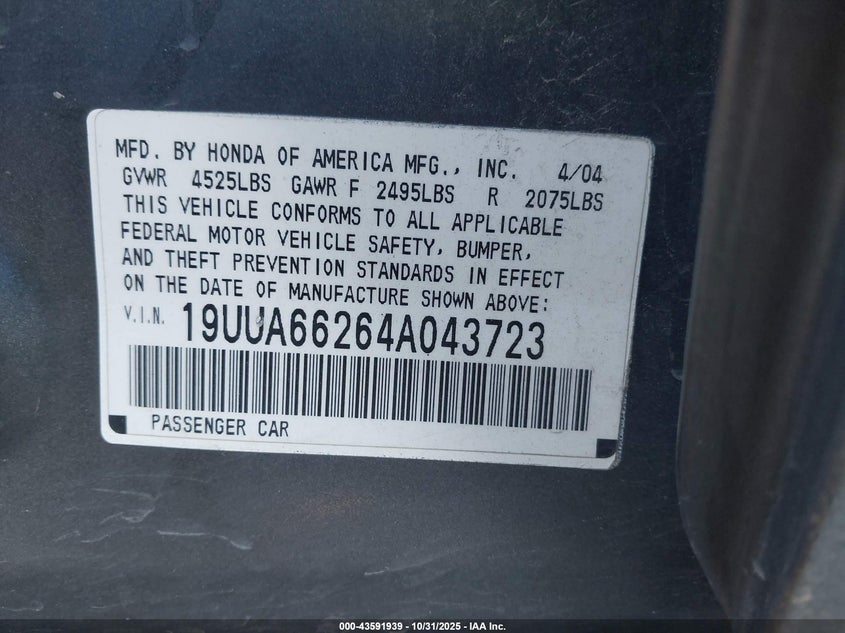 2004 Acura Tl VIN: 19UUA66264A043723 Lot: 43591939