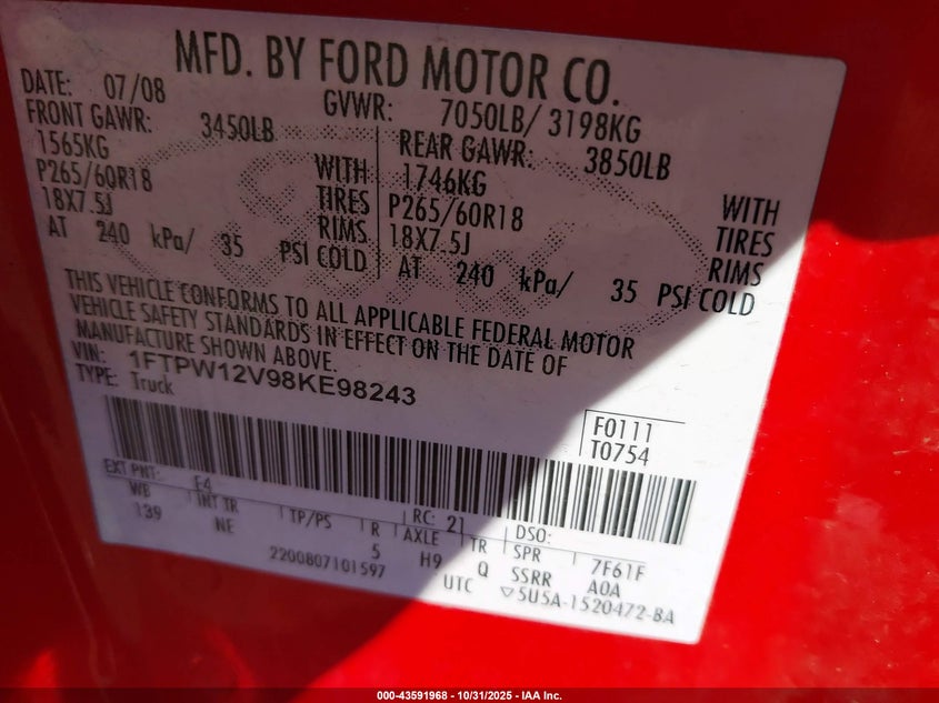 1FTPW12V98KE98243 2008 FORD F-150 photo no. 9
