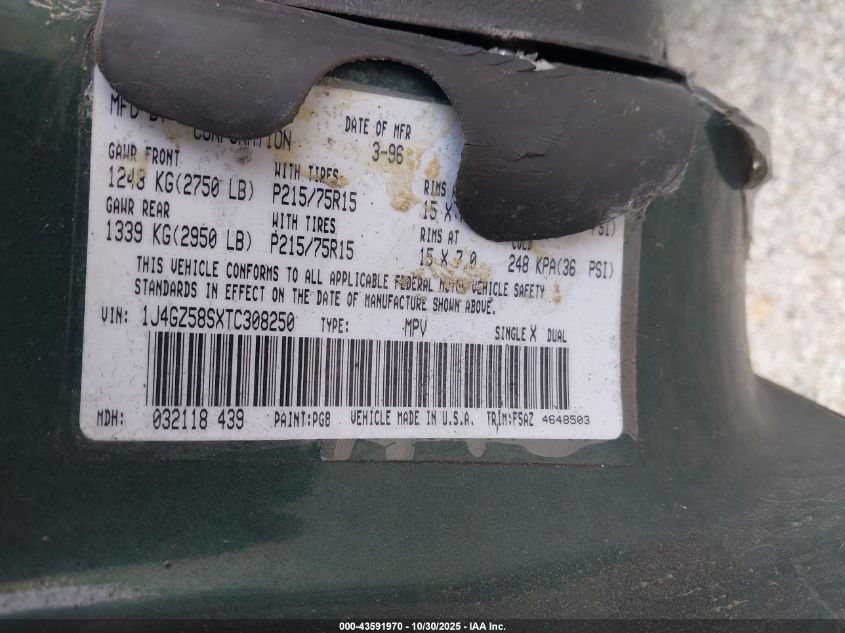 1996 Jeep Grand Cherokee Laredo VIN: 1J4GZ58SXTC308250 Lot: 43591970