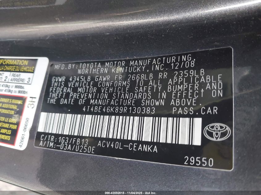 2009 Toyota Camry Le VIN: 4T4BE46K89R130383 Lot: 43592015