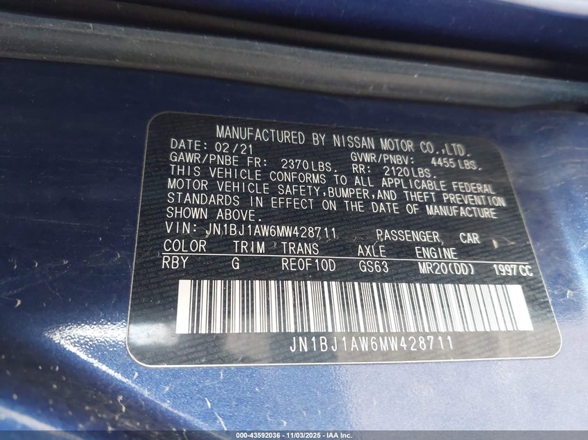 2021 NISSAN ROGUE SPORT S AWD XTRONIC CVT JN1BJ1AW6MW428711