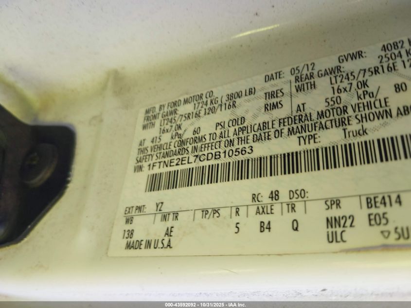2012 Ford E-250 Commercial VIN: 1FTNE2EL7CDB10563 Lot: 43592092