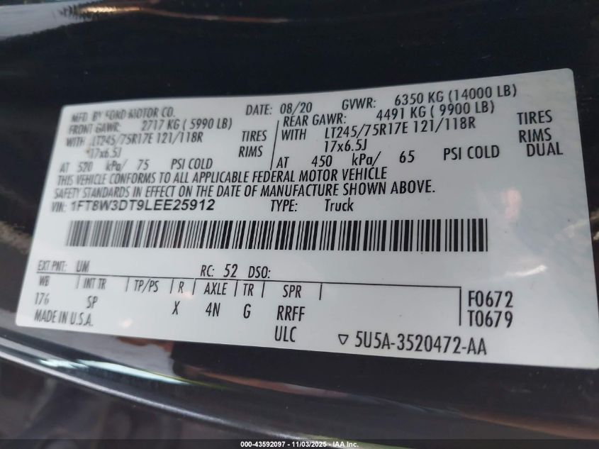 2020 Ford F-350 King Ranch VIN: 1FT8W3DT9LEE25912 Lot: 43592097