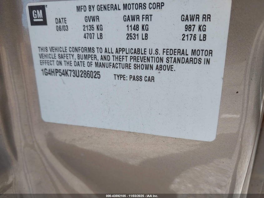 2003 Buick Lesabre Custom VIN: 1G4HP54K73U286025 Lot: 43592105