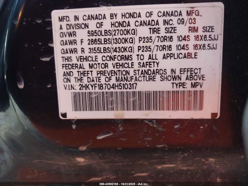 2004 Honda Pilot Ex-L VIN: 2HKYF18704H510317 Lot: 43592108