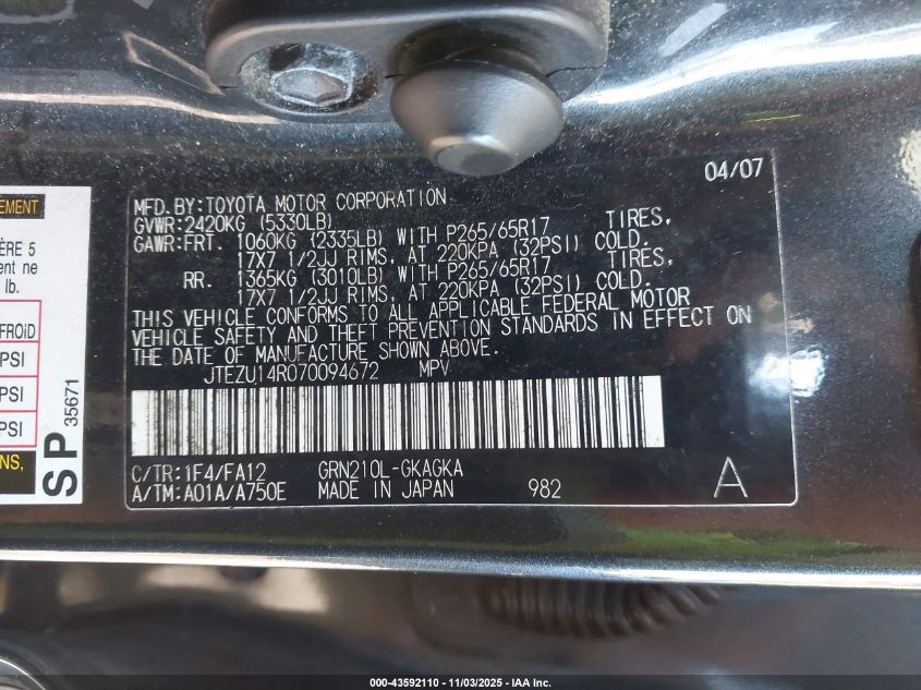 2007 Toyota 4Runner Sr5 V6 VIN: JTEZU14R070094672 Lot: 43592110