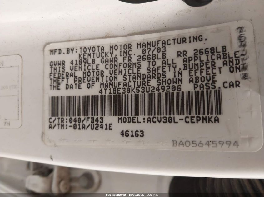 2003 Toyota Camry Le VIN: 4T1BE30K53U249206 Lot: 43592112