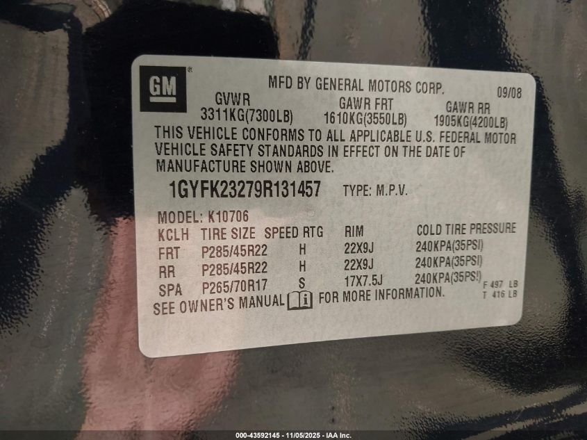 2009 Cadillac Escalade Standard VIN: 1GYFK23279R131457 Lot: 43592145