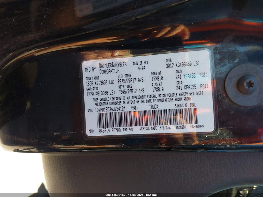 2004 Dodge Ram 1500 Slt/Laramie VIN: 1D7HA18D34J224124 Lot: 43592182