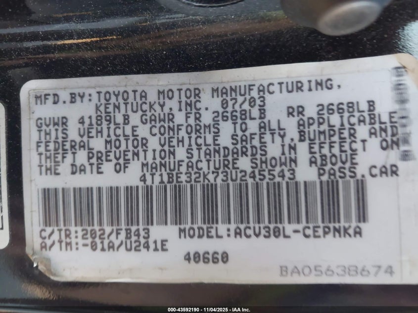 4T1BE32K73U245543 2003 TOYOTA CAMRY photo no. 9