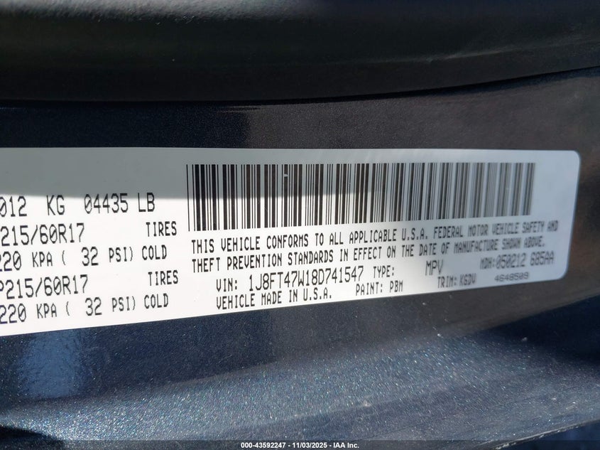 2008 Jeep Compass Sport VIN: 1J8FT47W18D741547 Lot: 43592247