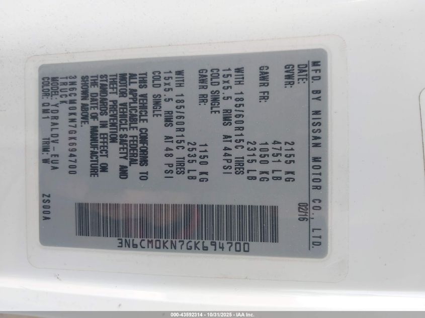 2016 Nissan Nv200 S VIN: 3N6CM0KN7GK694700 Lot: 43592314