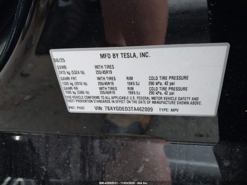 2026 Tesla Model Y Long Range Dual Motor All-Wheel Drive VIN: 7SAYGDED3TA462009 Lot: 43592331