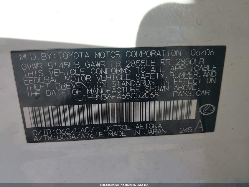 2006 Lexus Ls 430 VIN: JTHBN36F465052068 Lot: 43592363