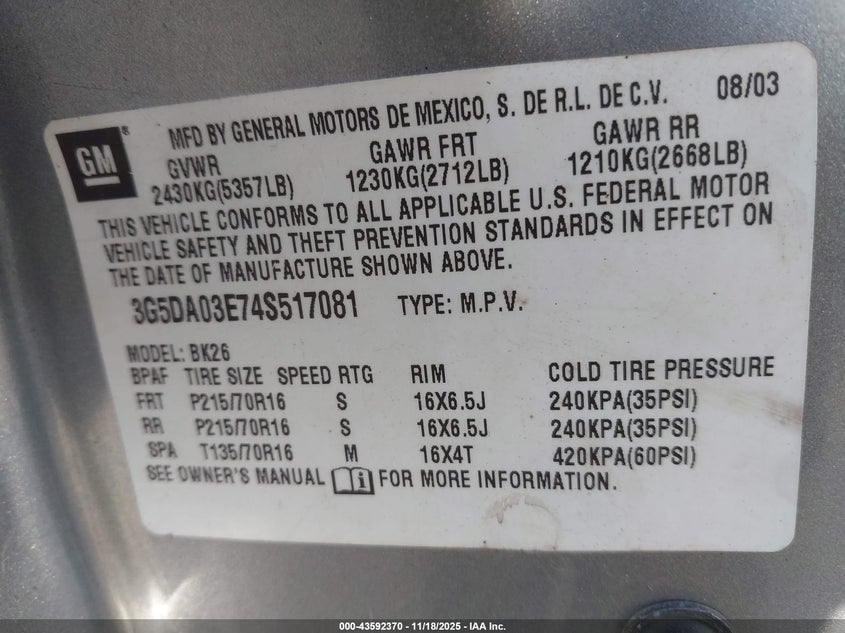 2004 Buick Rendezvous Cx VIN: 3G5DA03E74S517081 Lot: 43592370
