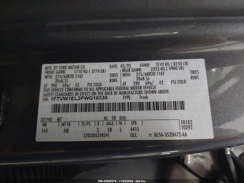 2023 Ford F-150 Lightning Lariat VIN: 1FTVW1EL2PWG18330 Lot: 43592379