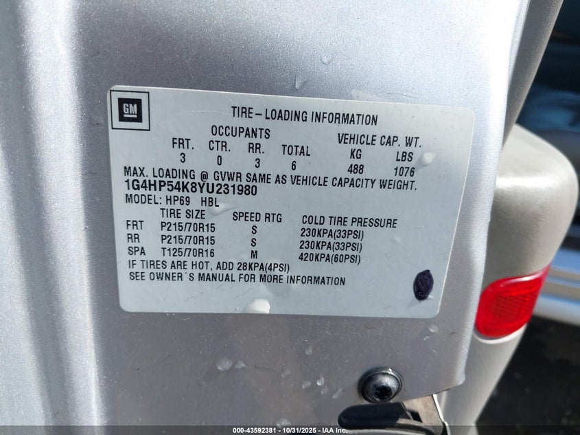 2000 Buick Lesabre Custom VIN: 1G4HP54K8YU231980 Lot: 43592381