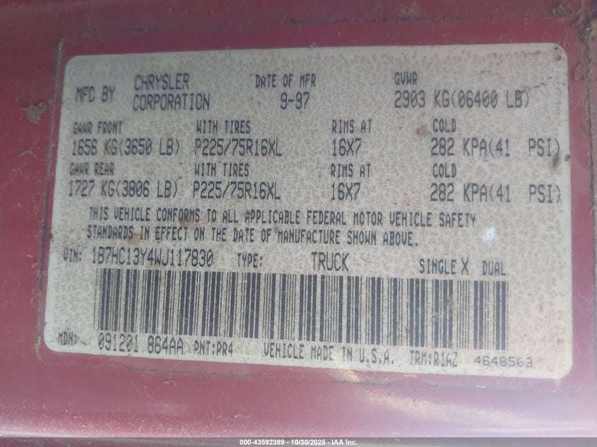 1998 Dodge Ram 1500 St VIN: 1B7HC13Y4WJ117830 Lot: 43592389