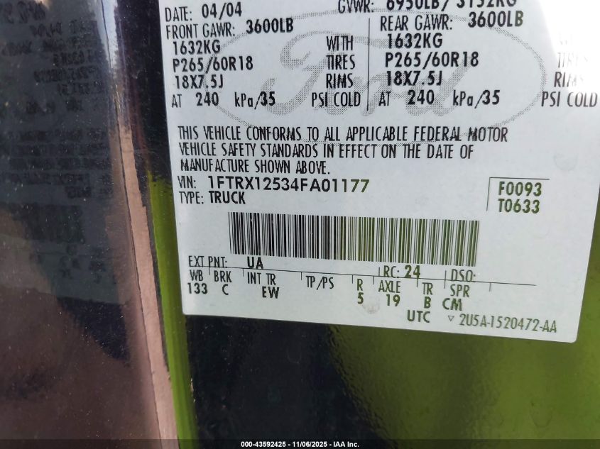 2004 Ford F-150 Lariat/Xlt VIN: 1FTRX12534FA01177 Lot: 43592425