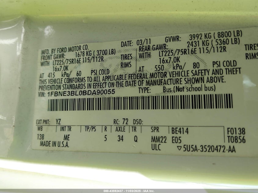 2011 Ford E-350 Super Duty Xlt VIN: 1FBNE3BL0BDA90055 Lot: 43592437