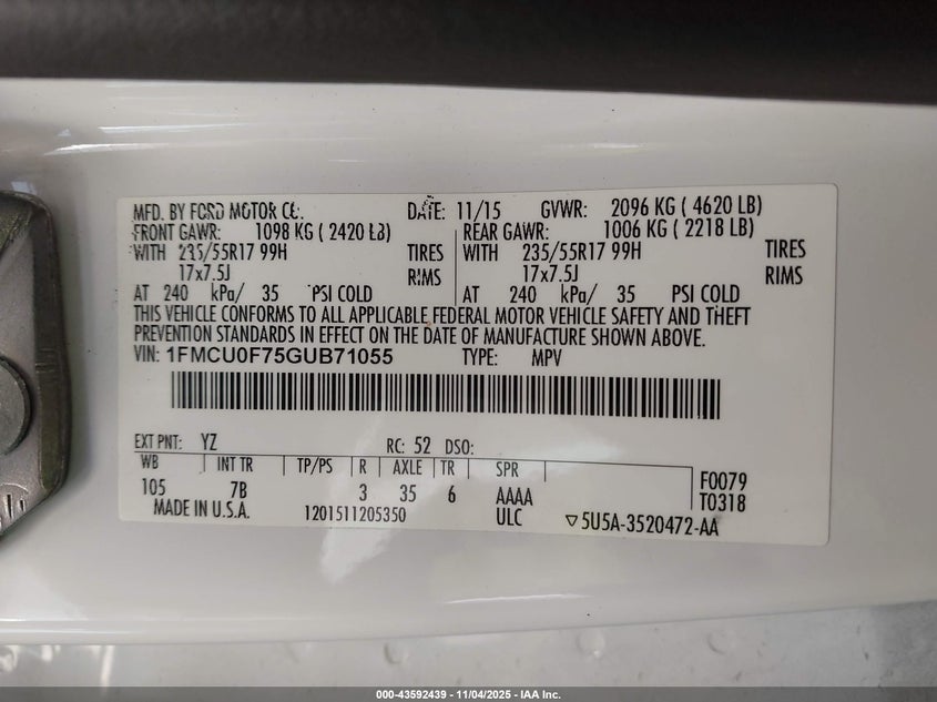 2016 FORD ESCAPE S - 1FMCU0F75GUB71055