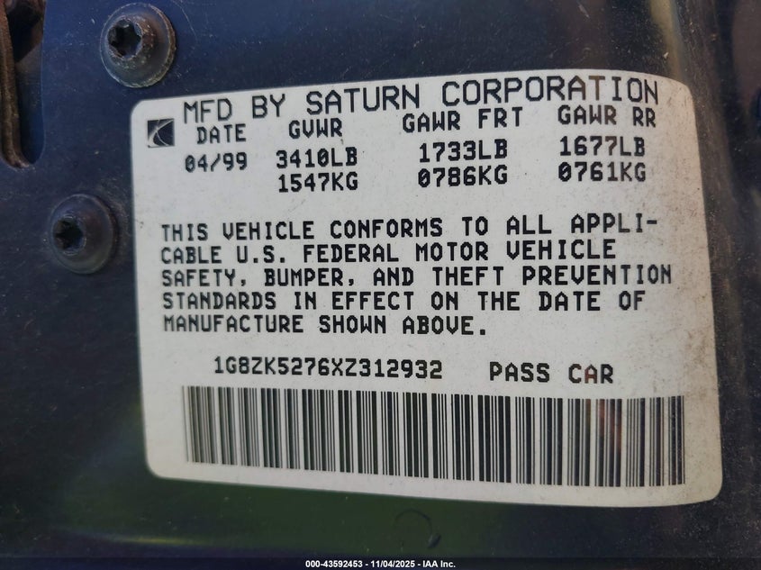1999 Saturn Sl2 VIN: 1G8ZK5276XZ312932 Lot: 43592453