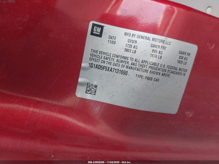 2010 Chevrolet Cobalt Lt VIN: 1G1AD5F5XA7131690 Lot: 43592458