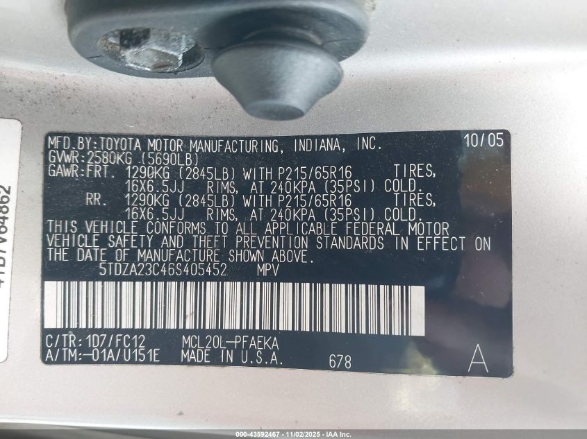 2006 Toyota Sienna Le VIN: 5TDZA23C46S405452 Lot: 43592467