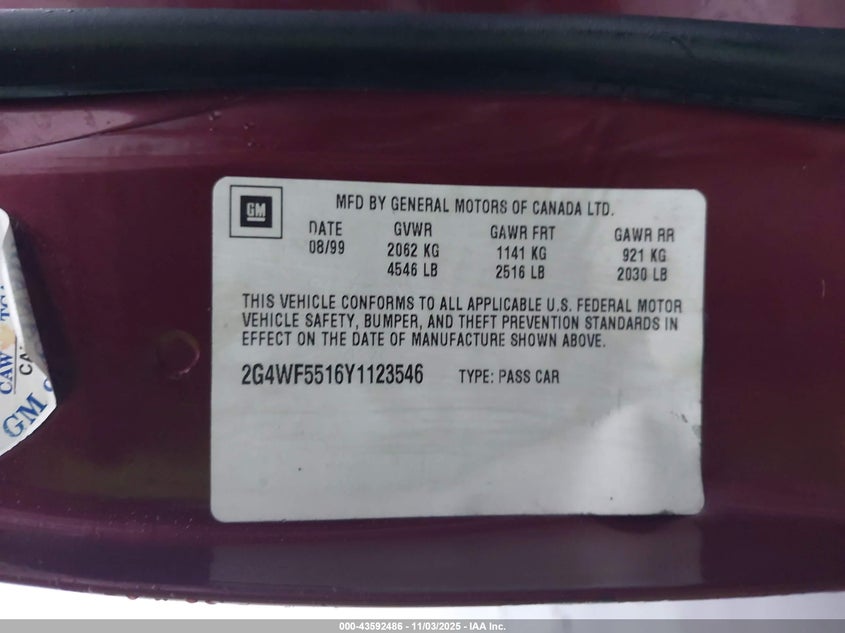 2000 Buick Regal Gs VIN: 2G4WF5516Y1123546 Lot: 43592486