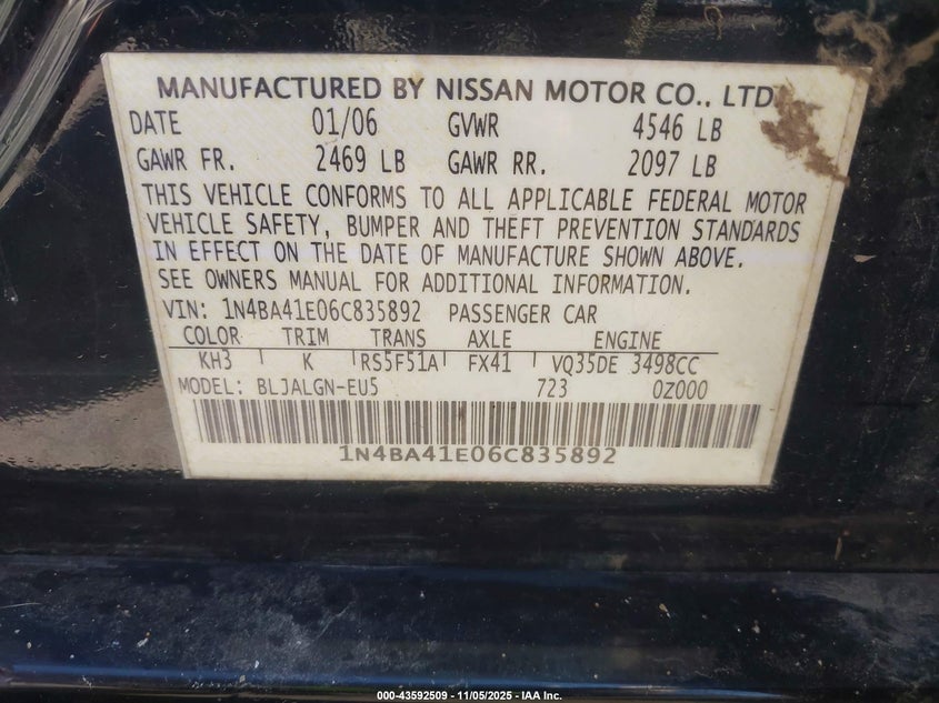 2006 Nissan Maxima 3.5 Sl VIN: 1N4BA41E06C835892 Lot: 43592509
